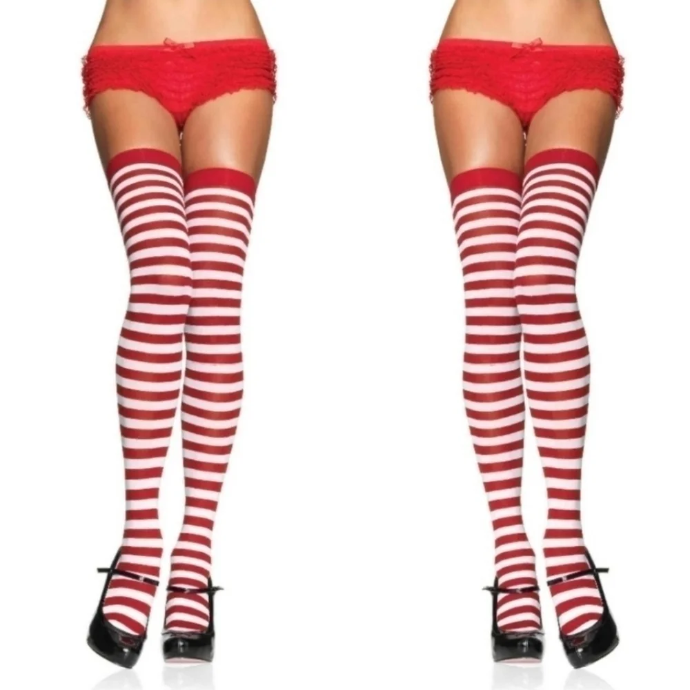 NWT Punk Goth Red White Stripe Thigh High Stockings OS Fits Most Candy Cane New